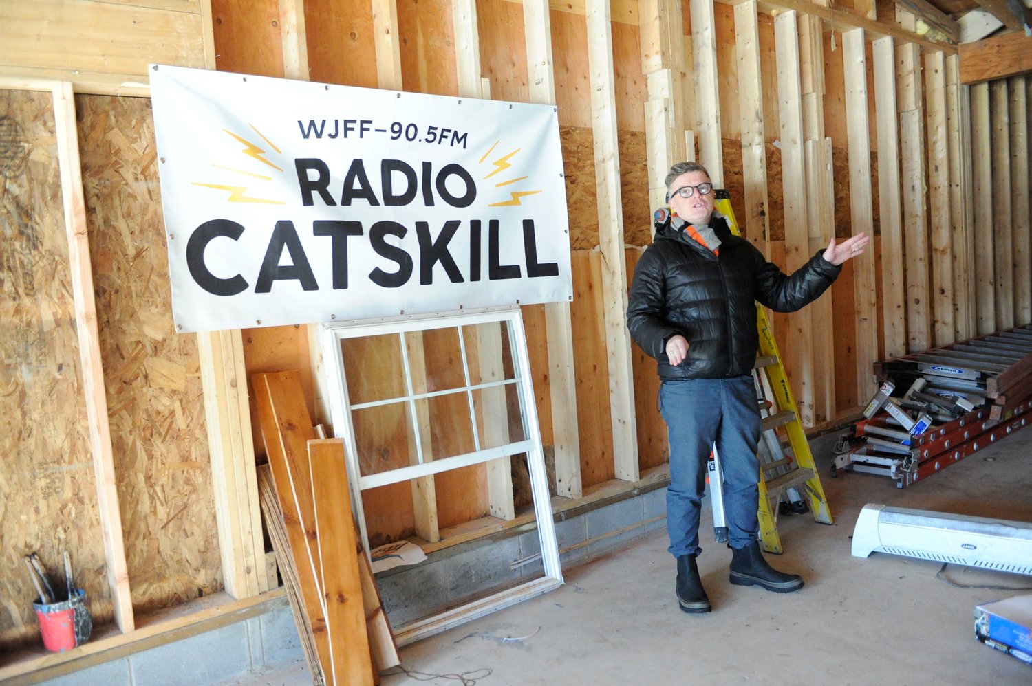 Tim Bruno, Radio Catskill’s general manager, explains that what is now a framed-out empty space will soon be WJFF’s new production studio.